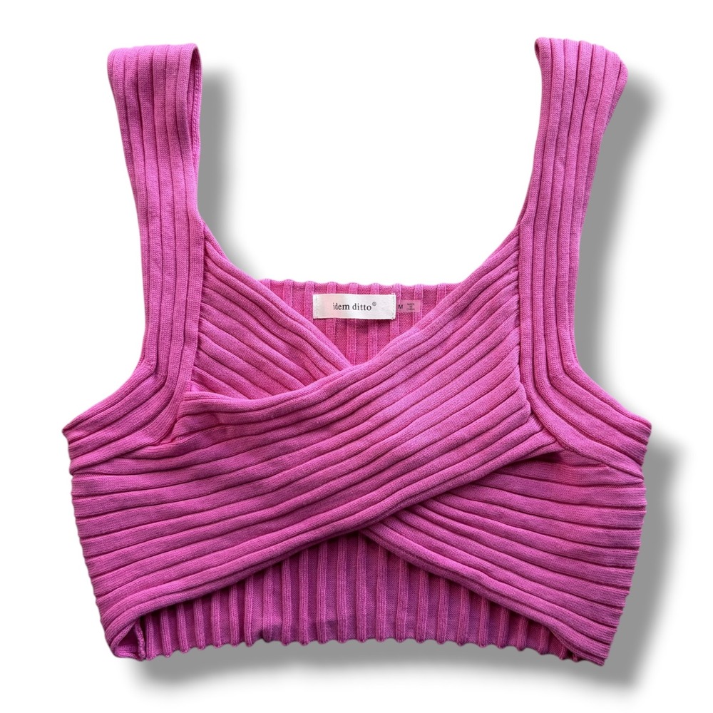 Idem Ditto Women's Med Pink Ribbed Knit Crossover Wrap Front Crop Top Barbiecore